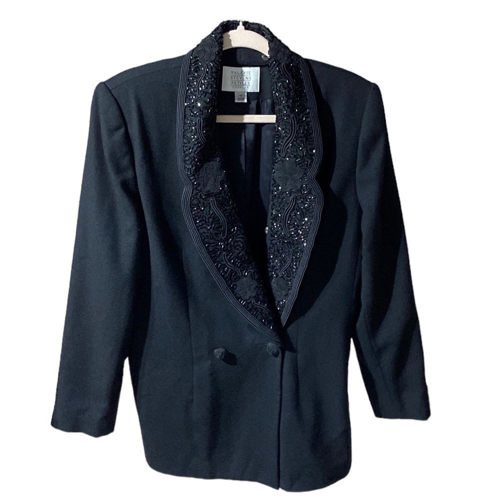 Valerie Stevens Blazer 12P Black Wool Removable beaded collar old money Event